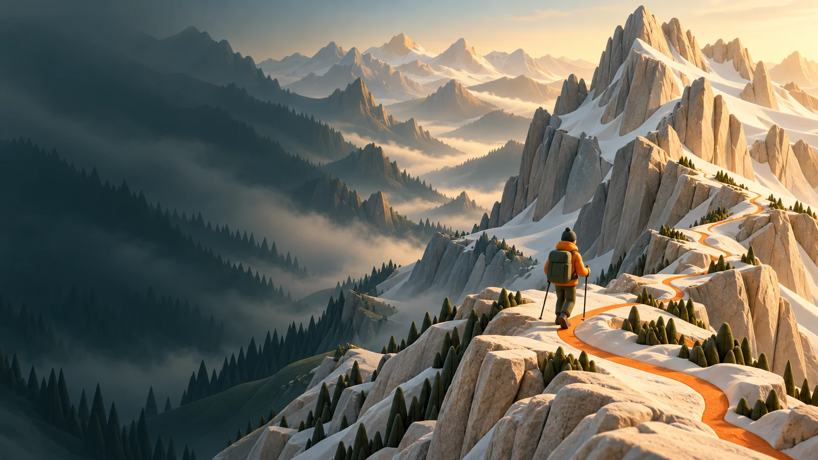 Illustrative RIDGE campaign artwork: a small hiking companion on an orange trail through sculpted ivory mountains. This is not an app screenshot or a named real route.