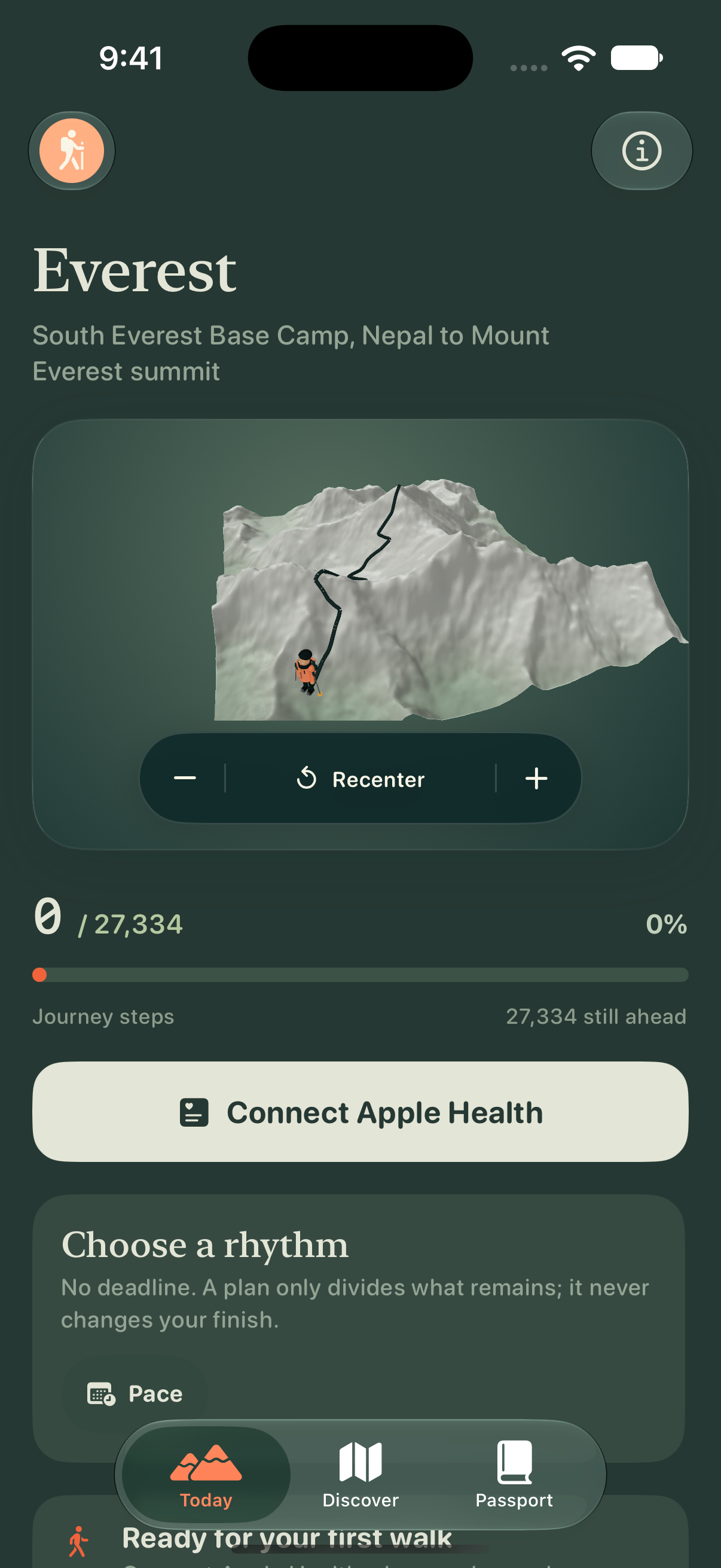 Actual RIDGE dark-mode development screen showing Everest terrain, a hiking companion, and zero of 27,334 steps.