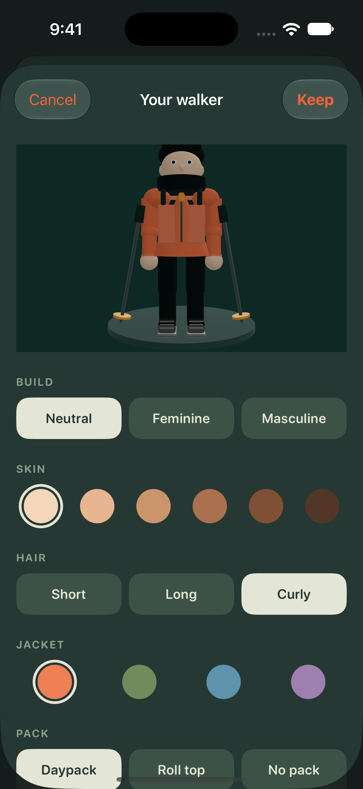 Actual RIDGE dark-mode development screen with a customizable hiker and appearance, hair, jacket, and backpack options.